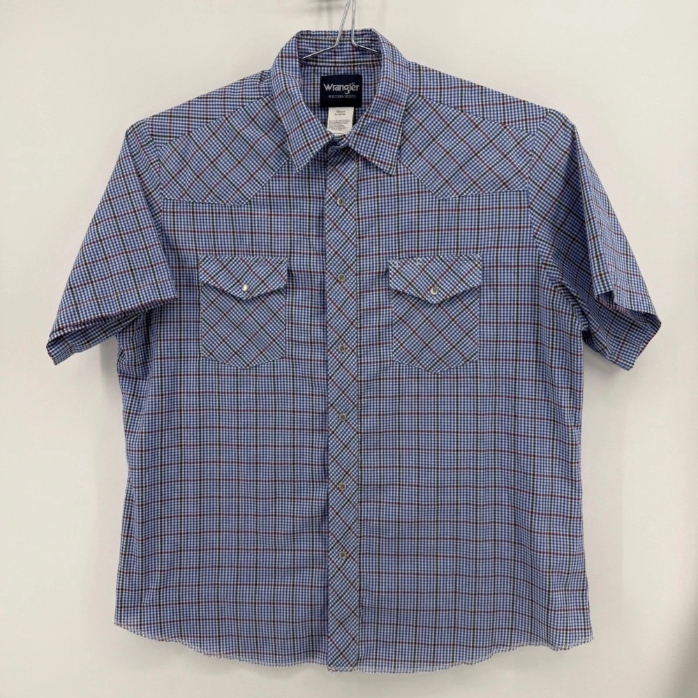 Wrangler Western Shirt Mens XL Pearl Snap Cotton Blend Blue Plaid Short Sleeve